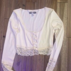 Urban Outfitters Cream Long Sleeve Lace Trim Top